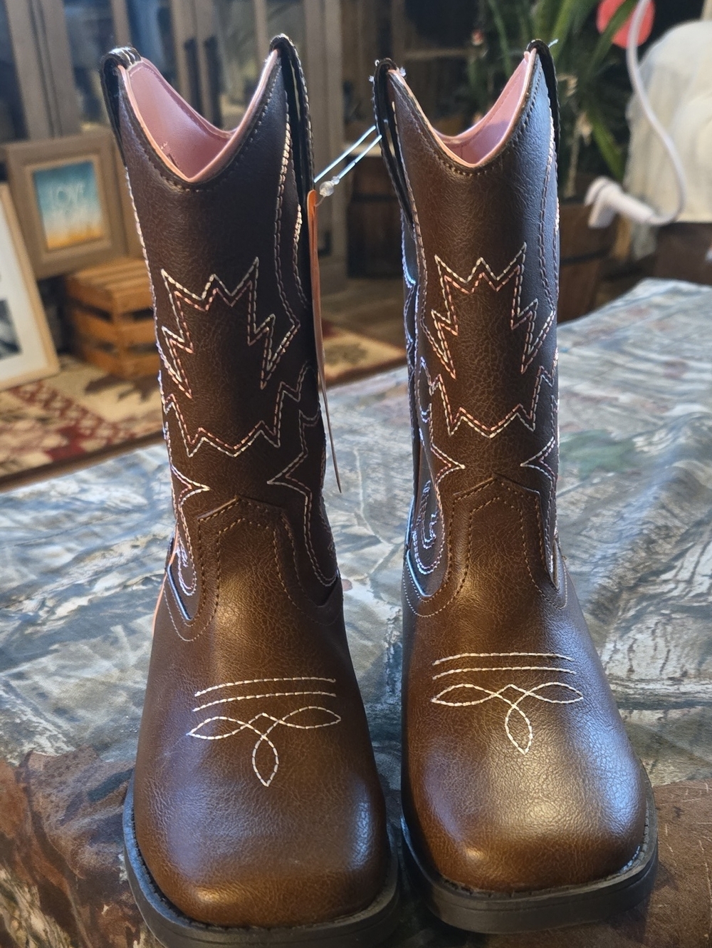 wonder nation Brown Girls Western Cowboy Boots with Pink Lining